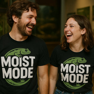 Person wearing the black salamanders t shirt graphic tee - "Moist Mode" design