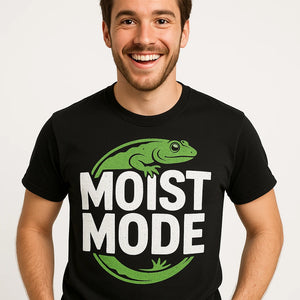 Close-up of the "Moist Mode" white print on a premium Bella+Canvas black salamanders t shirt