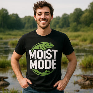 Lifestyle shot of the "Moist Mode" black salamanders t shirt in a real-world setting