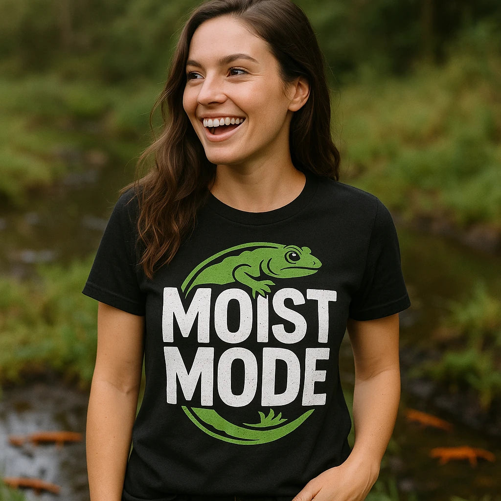 "Moist Mode" black salamanders t shirt, photographed as salamanders lover gift