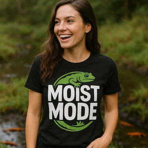 "Moist Mode" black salamanders t shirt, photographed as salamanders lover gift