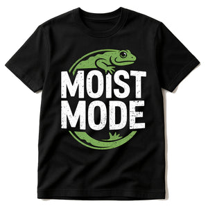 Black Salamanders T Shirt - "Moist Mode" graphic tee with white print, flat lay product photo