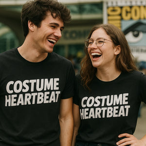 Person wearing the black cosplayers shirts graphic tee - "Costume Heartbeat" design