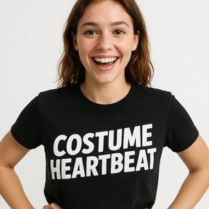 Close-up of the "Costume Heartbeat" white print on a premium Bella+Canvas black cosplayers shirts
