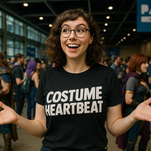 Lifestyle shot of the "Costume Heartbeat" black cosplayers shirts in a real-world setting