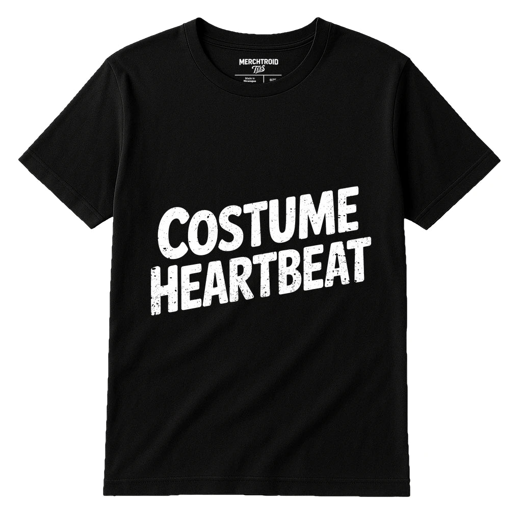 Black Cosplayers Shirts - "Costume Heartbeat" graphic tee with white print, flat lay product photo