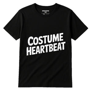 Black Cosplayers Shirts - "Costume Heartbeat" graphic tee with white print, flat lay product photo