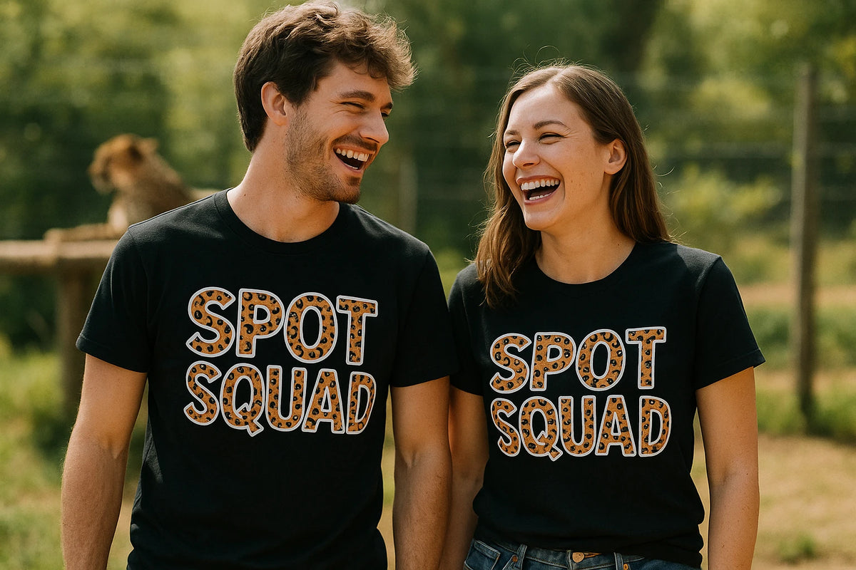 Person wearing the black leopard shirts graphic tee - "Spot Squad" design