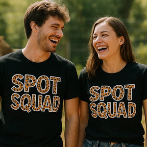 Person wearing the black leopard shirts graphic tee - "Spot Squad" design