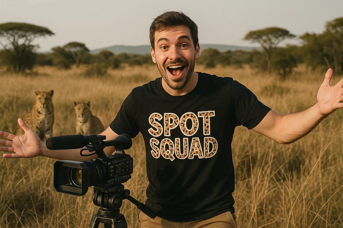 Lifestyle shot of the "Spot Squad" black leopard shirts in a real-world setting