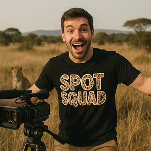 Lifestyle shot of the "Spot Squad" black leopard shirts in a real-world setting
