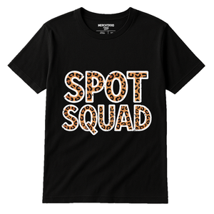 Black Leopard Shirts - "Spot Squad" graphic tee with white print, flat lay product photo