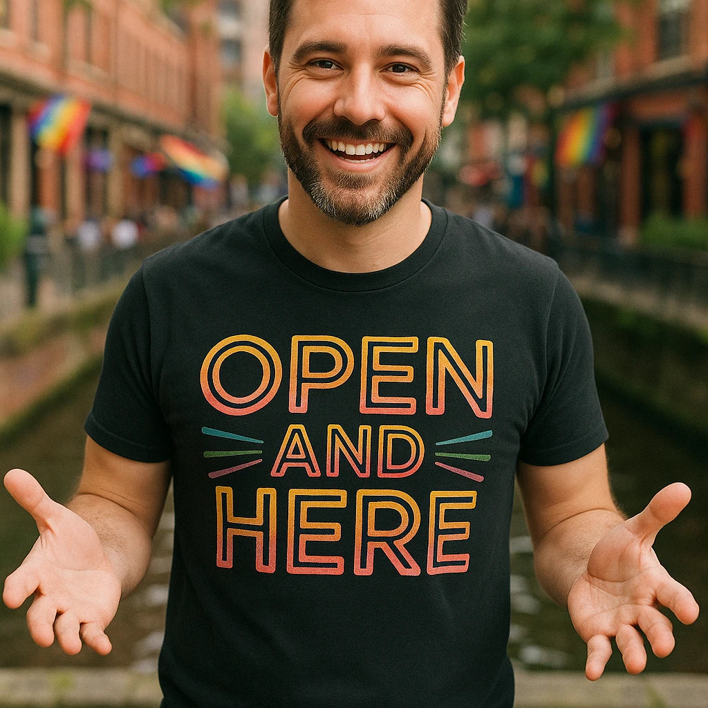 "Open and Here" lgbtq ally t shirt - product photo 8