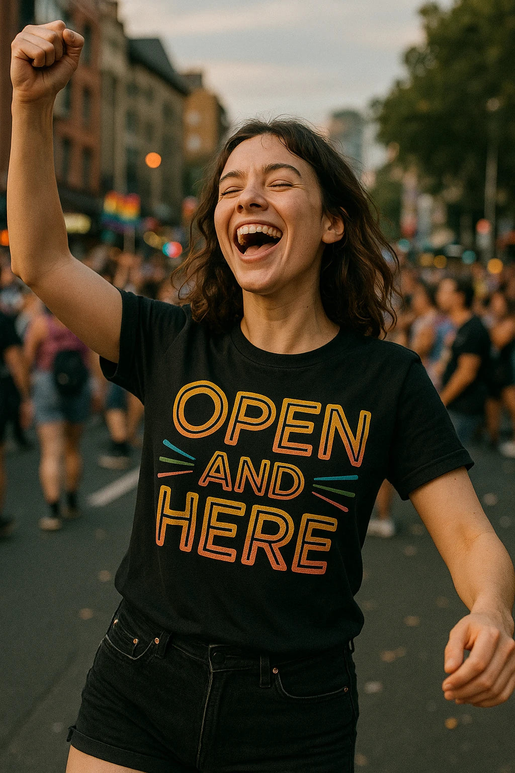 "Open and Here" lgbtq ally t shirt - product photo 6