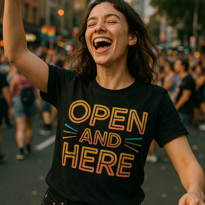 "Open and Here" lgbtq ally t shirt - product photo 6