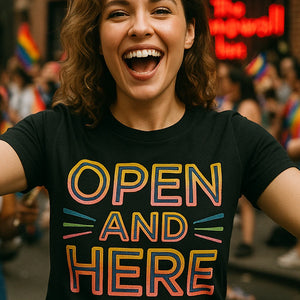 "Open and Here" lgbtq ally t shirt - product photo 7