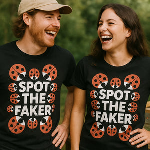 Person wearing the black ladybugs t shirt graphic tee - "Spot the Faker" design