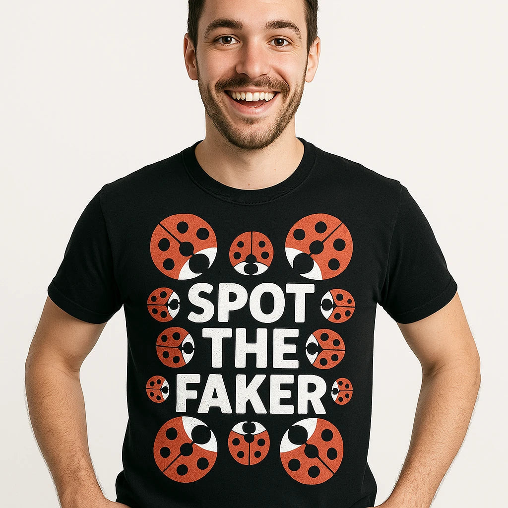 Close-up of the "Spot the Faker" orange print on a premium Bella+Canvas black ladybugs t shirt