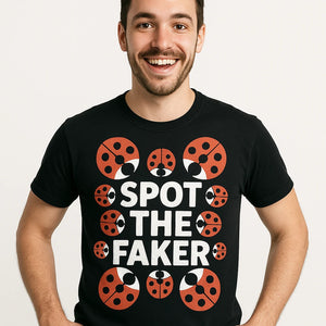Close-up of the "Spot the Faker" orange print on a premium Bella+Canvas black ladybugs t shirt