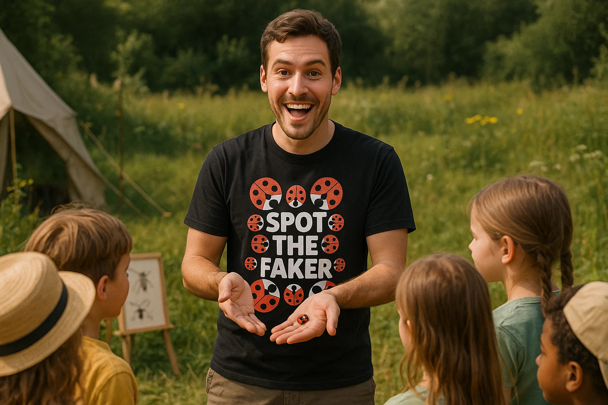 Lifestyle shot of the "Spot the Faker" black ladybugs t shirt in a real-world setting