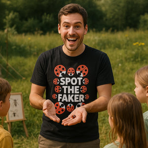 Lifestyle shot of the "Spot the Faker" black ladybugs t shirt in a real-world setting
