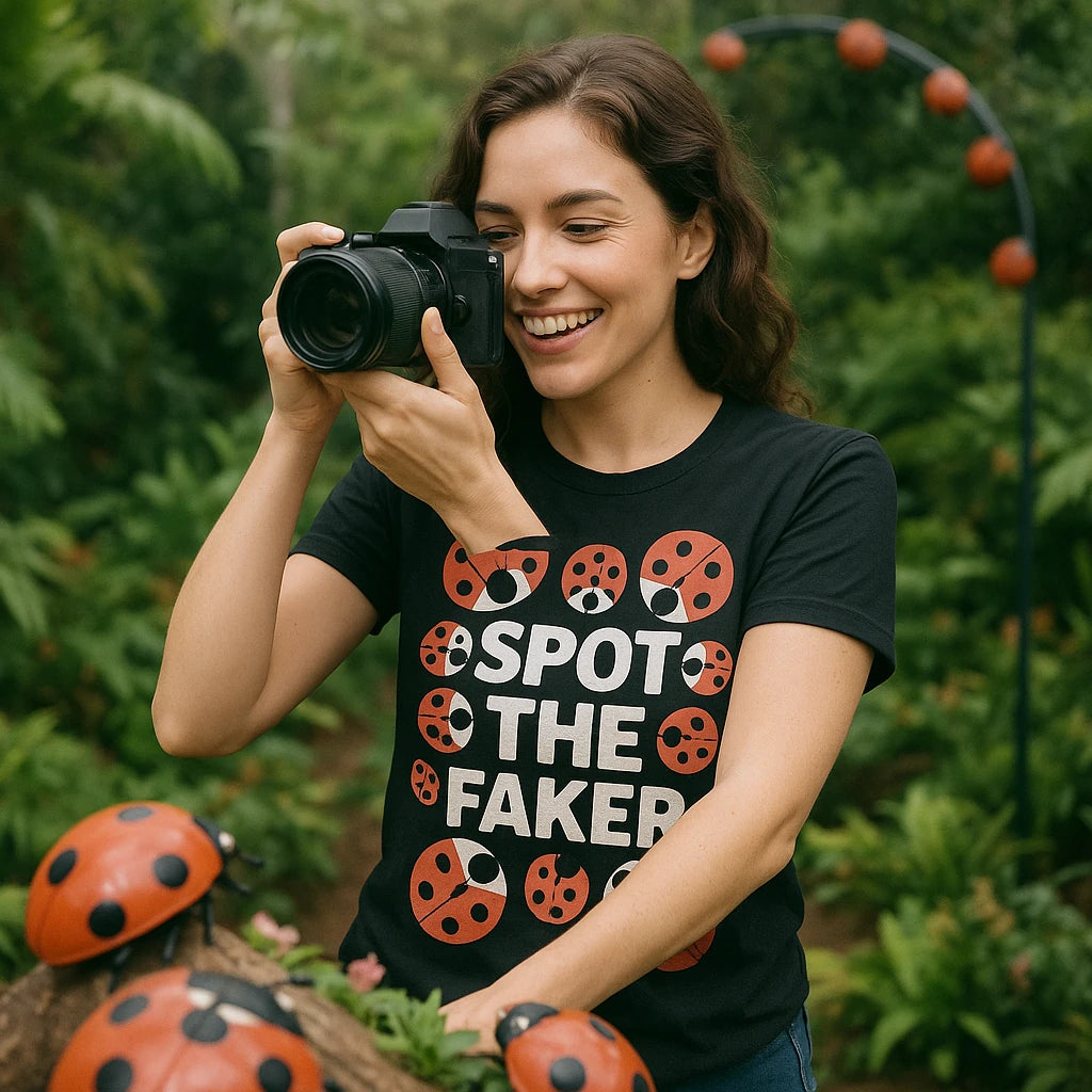 "Spot the Faker" black ladybugs t shirt, photographed as ladybugs lover gift