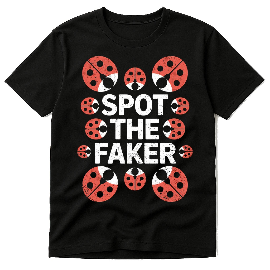 Black Ladybugs T Shirt - "Spot the Faker" graphic tee with orange print, flat lay product photo