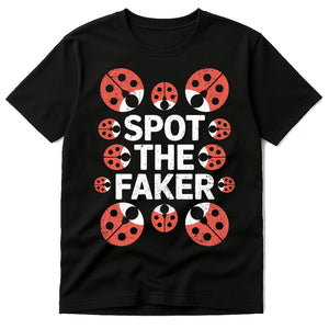 Black Ladybugs T Shirt - "Spot the Faker" graphic tee with orange print, flat lay product photo