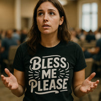 A person with long brown hair is wearing a black T-shirt with the text 