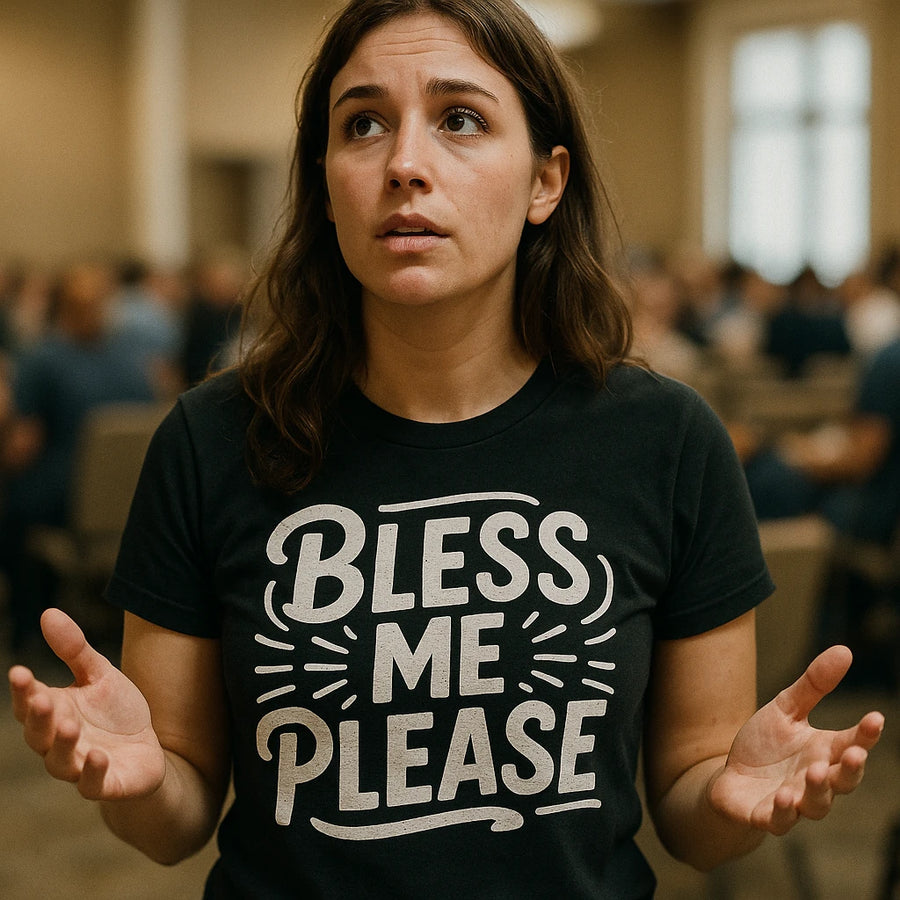 A person with long brown hair is wearing a black T-shirt with the text "BLESS ME PLEASE" printed on it. They have an expressive look and their hands are slightly raised. The background shows a room full of people seated.