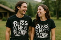 A man and a woman are standing outdoors, both wearing black T-shirts with white text that reads 