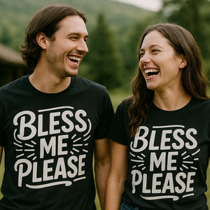 Person wearing the black love in faith tees graphic tee - "Bless Me Please" design