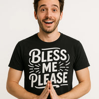 A person with short, dark hair and facial hair wears a black shirt with the text 