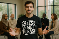 A man with a beard is standing with his arms open in an inviting gesture, wearing a black t-shirt with the text 