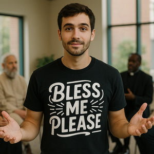 Lifestyle shot of the "Bless Me Please" black love in faith tees in a real-world setting