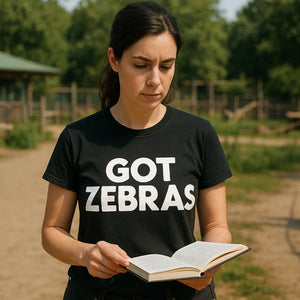 Lifestyle shot of the "Got Zebras" black zookeeper shirts in a real-world setting
