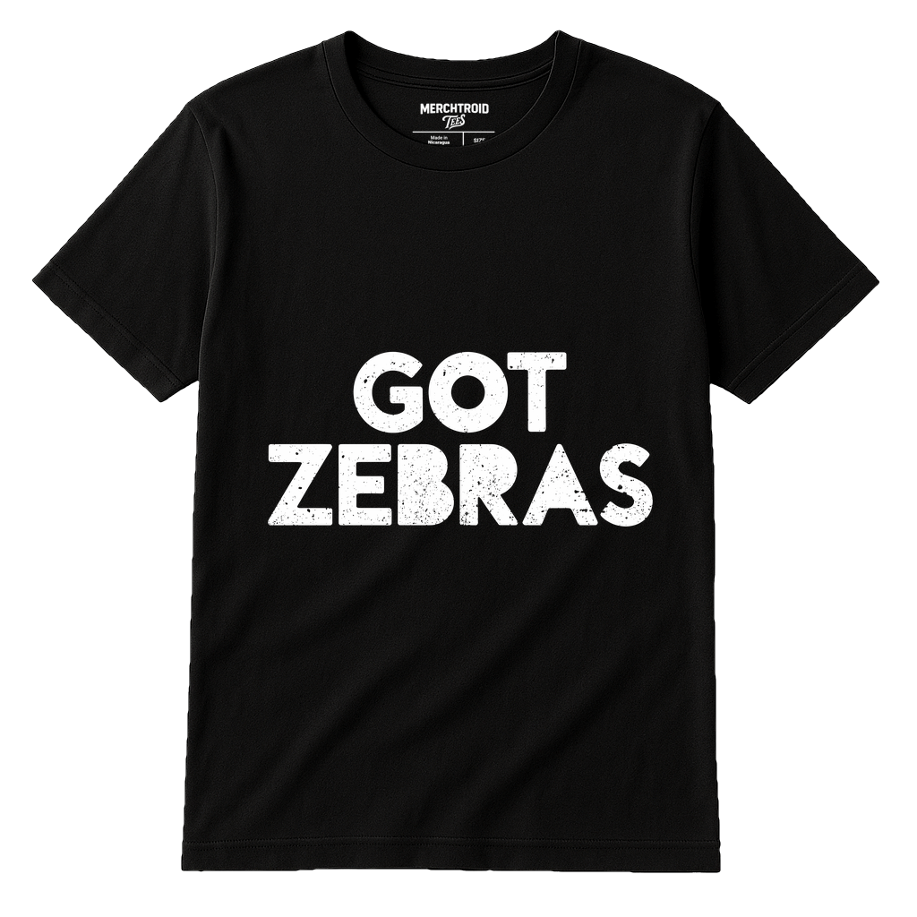 Black Zookeeper Shirts - "Got Zebras" graphic tee with white print, flat lay product photo