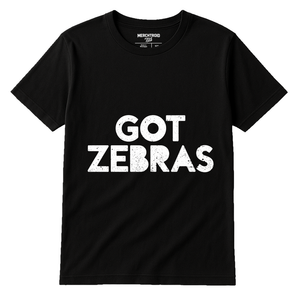 Black Zookeeper Shirts - "Got Zebras" graphic tee with white print, flat lay product photo