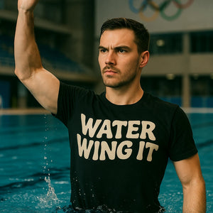 "Water Wing It" black swimming shirts - also a thermal shirt for swimming in cold water