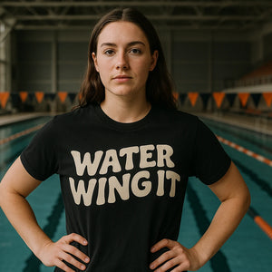Lifestyle shot of the "Water Wing It" black swimming shirts in a real-world setting