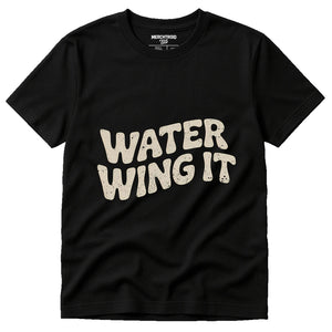 Black Swimming Shirts - "Water Wing It" graphic tee with beige print, flat lay product photo