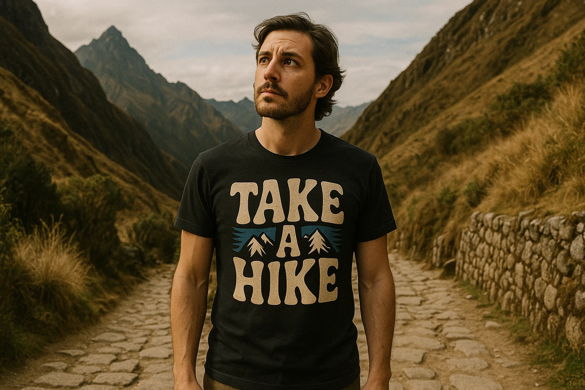 Lifestyle shot of the "Take a Hike" black shirts for trekking in a real-world setting