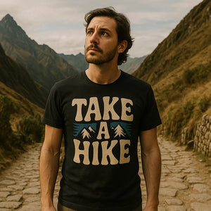 Lifestyle shot of the "Take a Hike" black shirts for trekking in a real-world setting