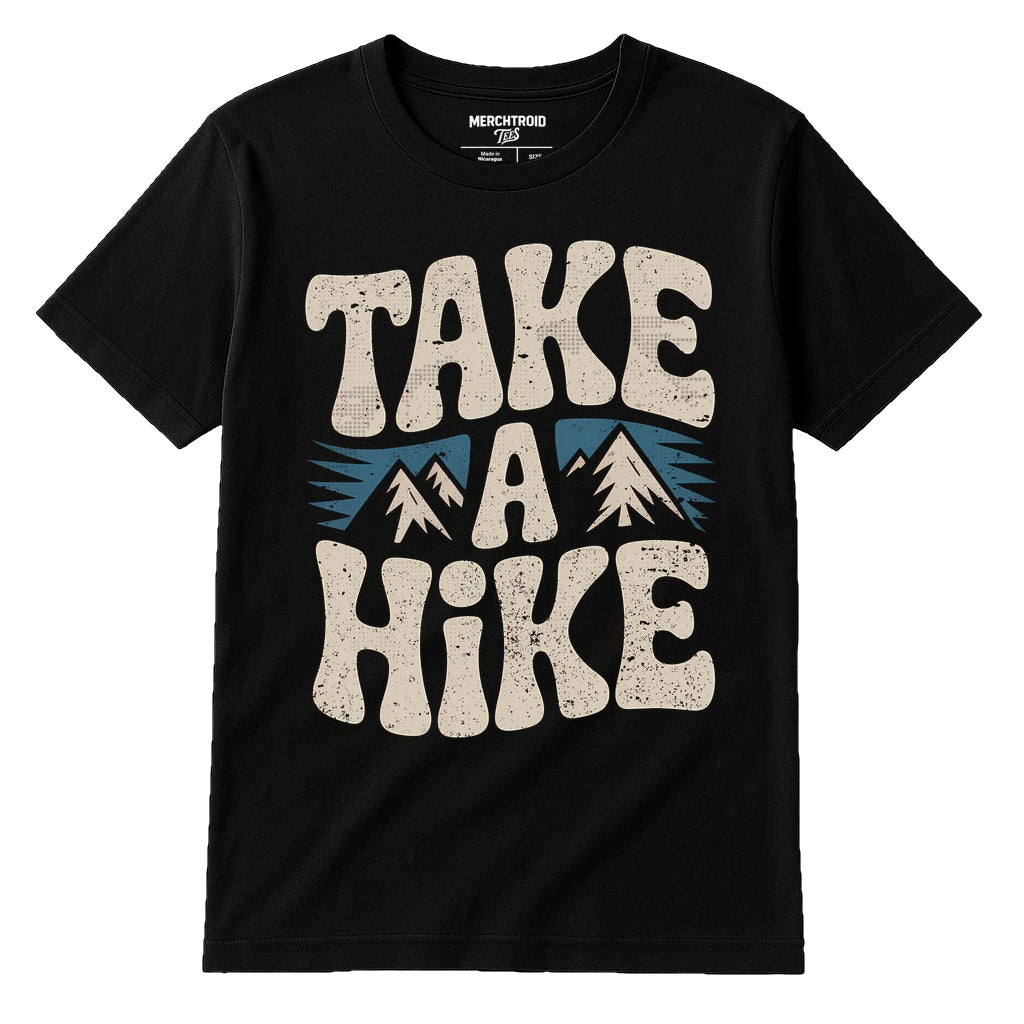 Black Shirts For Trekking - "Take a Hike" graphic tee with beige print, flat lay product photo