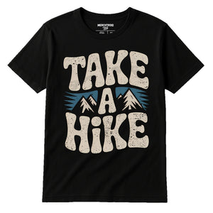Black Shirts For Trekking - "Take a Hike" graphic tee with beige print, flat lay product photo