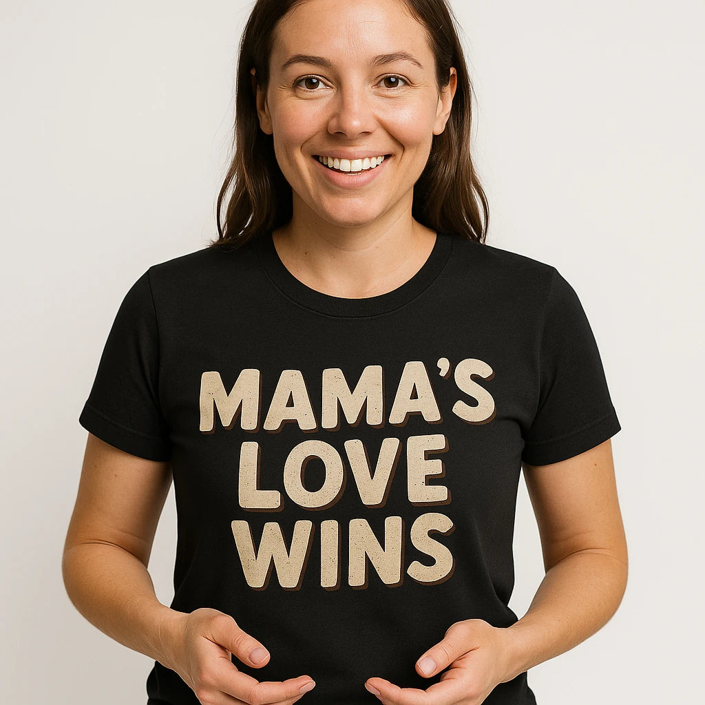 Close-up of the "Mama'S Love Wins" beige print on a premium Bella+Canvas black t shirt mom life
