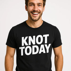 Close-up of the "Knot Today" white print on a premium Bella+Canvas black boating tee shirts