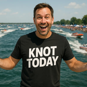 Lifestyle shot of the "Knot Today" black boating tee shirts in a real-world setting