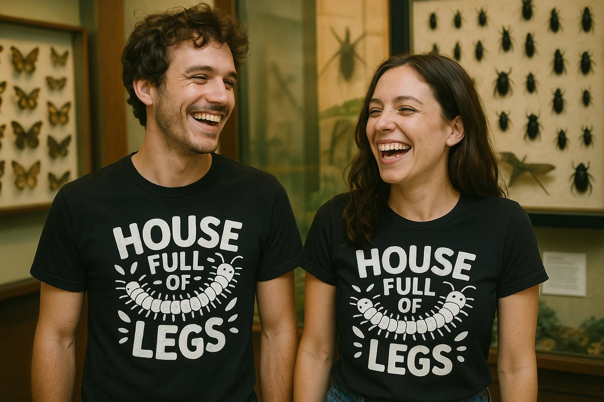 Person wearing the black centipede t shirt graphic tee - "House Full of Legs" design