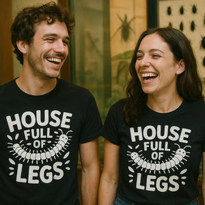 Person wearing the black centipede t shirt graphic tee - "House Full of Legs" design